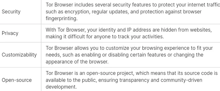 ویژگی های اصلی مرورگر تور